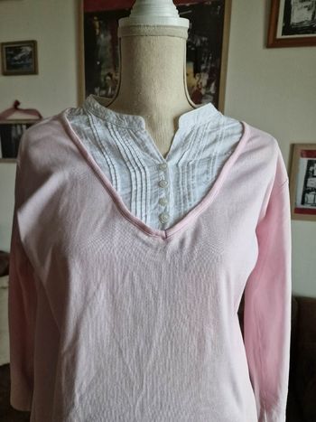 Tee-shirt manche longue 2 en 1 rose et blanc 