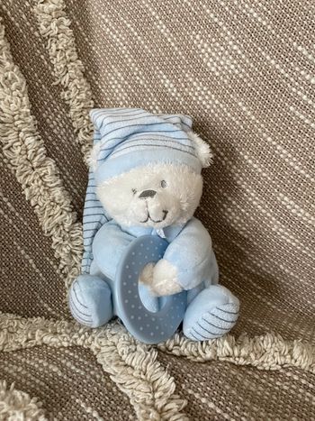 Peluche doudou d’éveil 13cm Max and sax ours bleu et blanc rayé très bon état