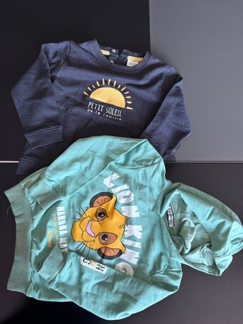 Lot 2 sweat Lion King et Petit soleil 36 mois neufs
