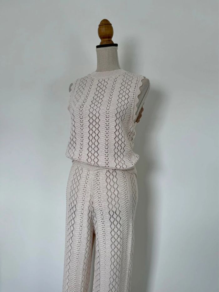 Ensemble maille tricot beige broderie pantalon top sans manches beige crème été - photo numéro 2
