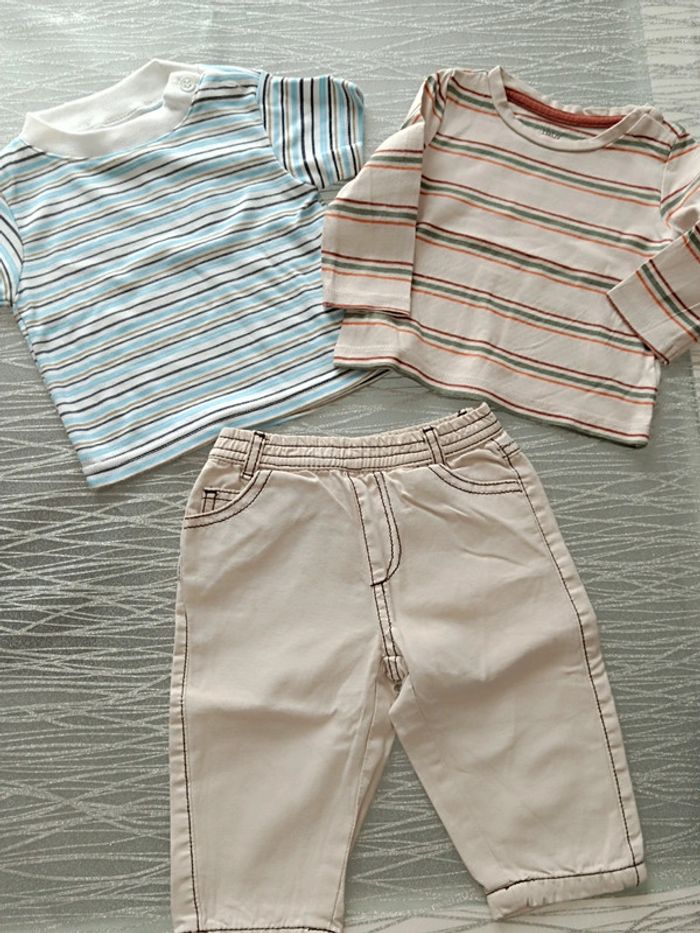 Ensemble🤎2 t-shirts 1pantalon🩵6-12mois