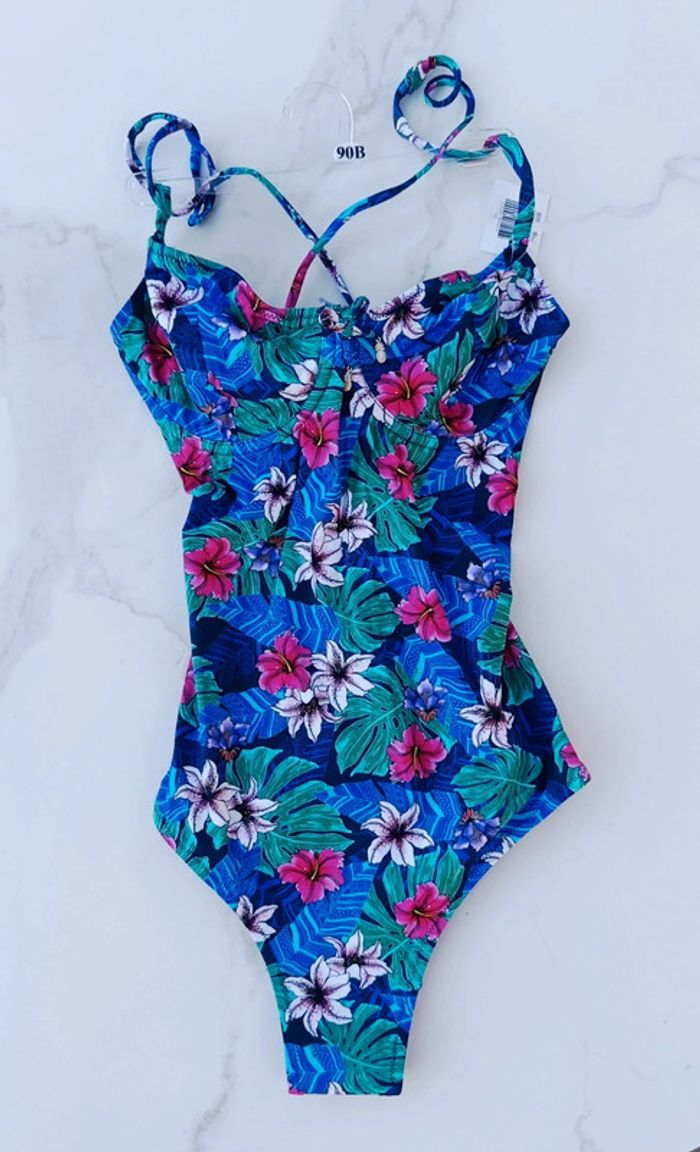 Maillot de bain 1 pièce RougeGorge neuf 90B fleur feuillage tropical lacets dos avec baleine - photo numéro 2