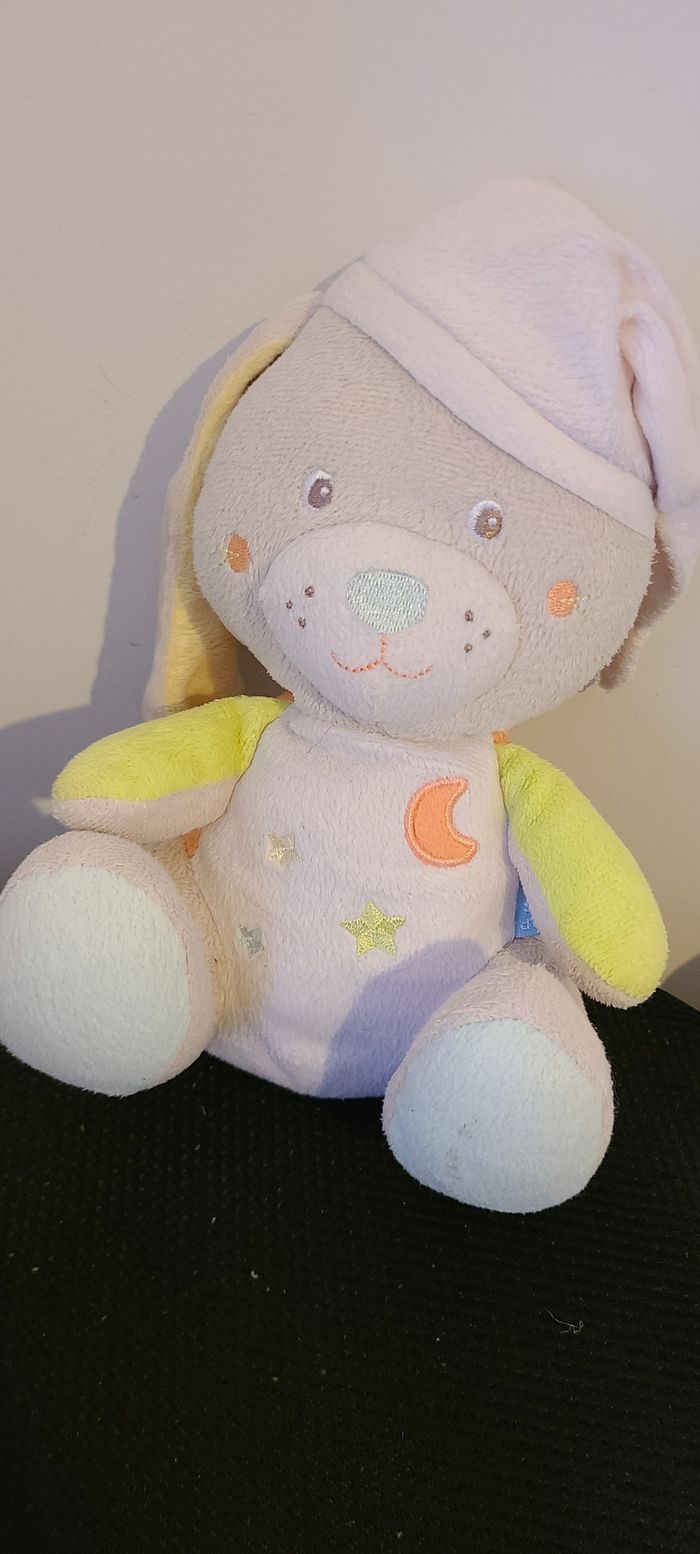 Doudou lapin blanc gris luminescent Sucre d'Orge lune étoile