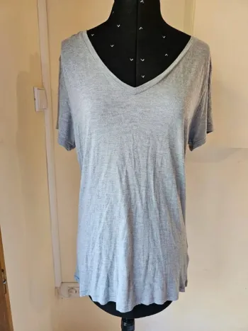 T-shirt Superdry femme gris pailleté col V - Taille M/38 - Coupe fluide