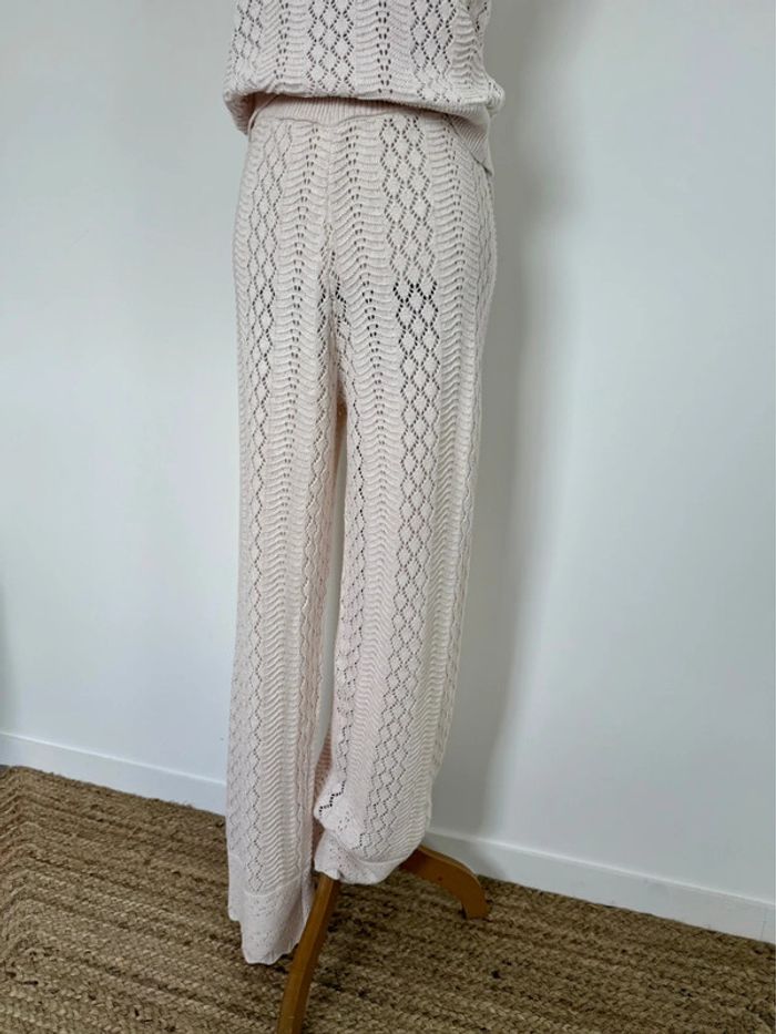 Ensemble maille tricot beige broderie pantalon top sans manches beige crème été - photo numéro 5
