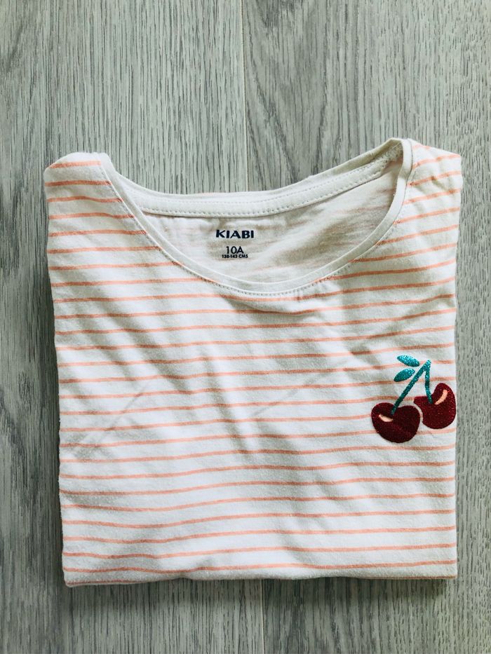 Tee shirt marinière 10 ans fille cerise orange blanc