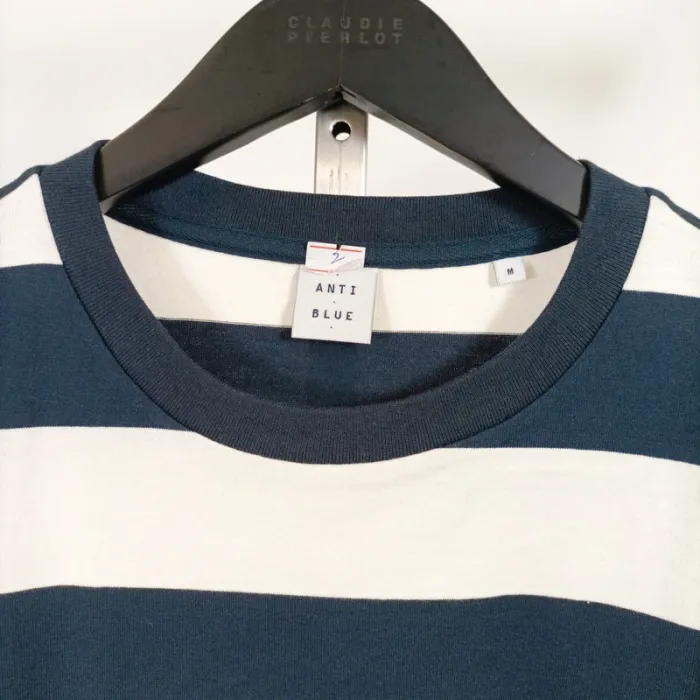 T-shirt à larges rayures bleu et blanc Anti Blue en coton, col rond, taille M unisexe A1239 - photo numéro 2