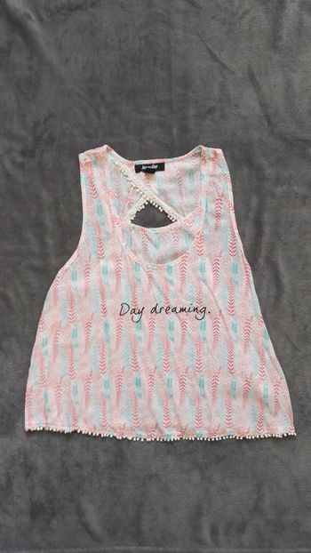 Top débardeur léger exotique plume, sans manche, dos croisé avec ouverture et franges boules XS 34