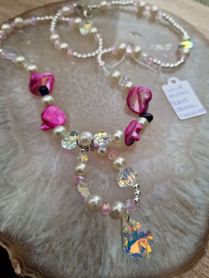Collier Sautoir Perles Nacrées Perles Cristal Perles Coquillage Fushia - photo numéro 14