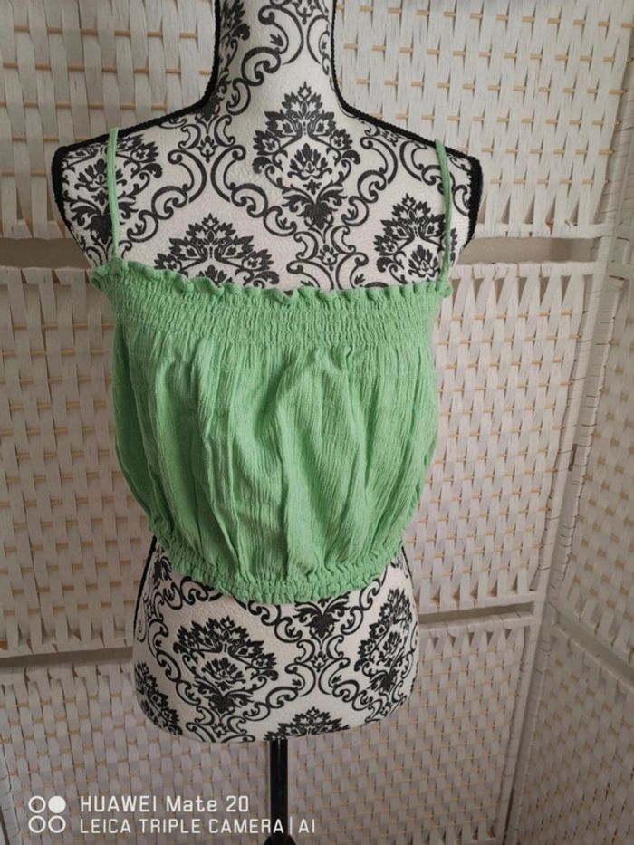 💕Joli Débardeur crop top court ROXY vert citron à smocks - Taille L/ 40 💕 - photo numéro 3