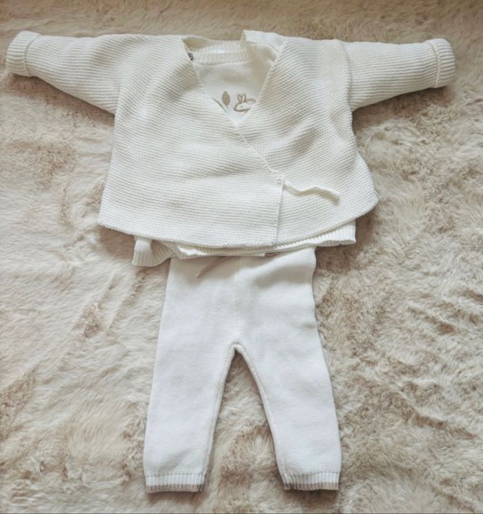 Ensemble mixte 3 pièces en tricot point mousse pour bébé taille 3 mois - photo numéro 3