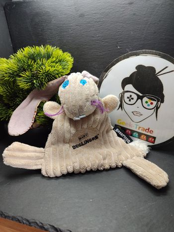 doudou plat les baby deglingos lapin beige rayure bleu violet blanc Spriral Rayé