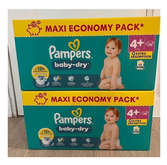 Lot de 2 maxi packs Pampers Baby-Dry taille 4+, soit 196 couches