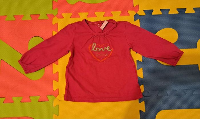 T-shirt manches longues rose cœur, gémo, taille 12 mois (74 cm)