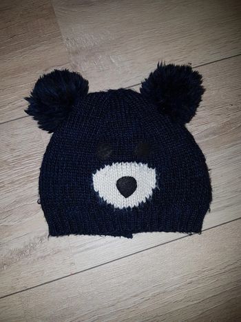 Bonnet bleu marine laine pompons tao tape à l'oeil ours 49 cm 18/24 mois