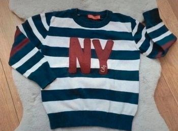 Pull col rond rayé bleu marine, blanc et bordeaux Tissaia 3 ans