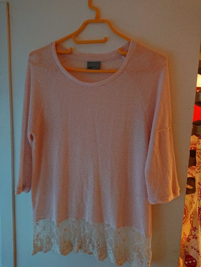 Haut en maille rose pâle avec dentelle blanche Vero Moda taille M - photo numéro 5