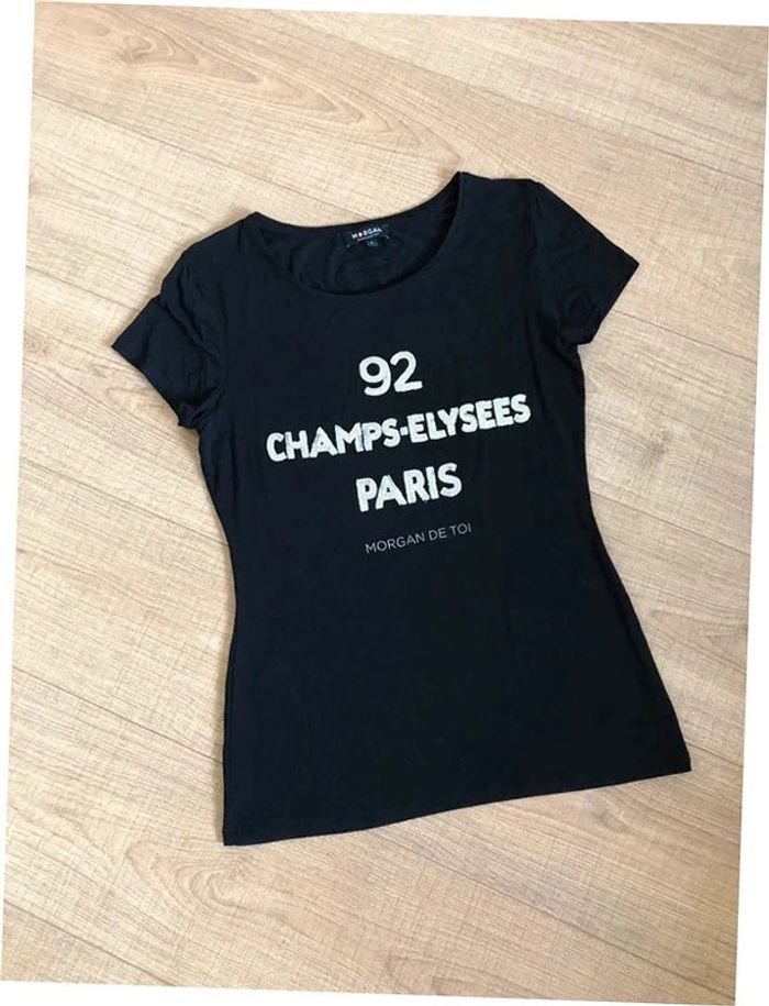 Teeshirt noir à manches courtes avec sequins argentés Morgan taille S TBE - photo numéro 11