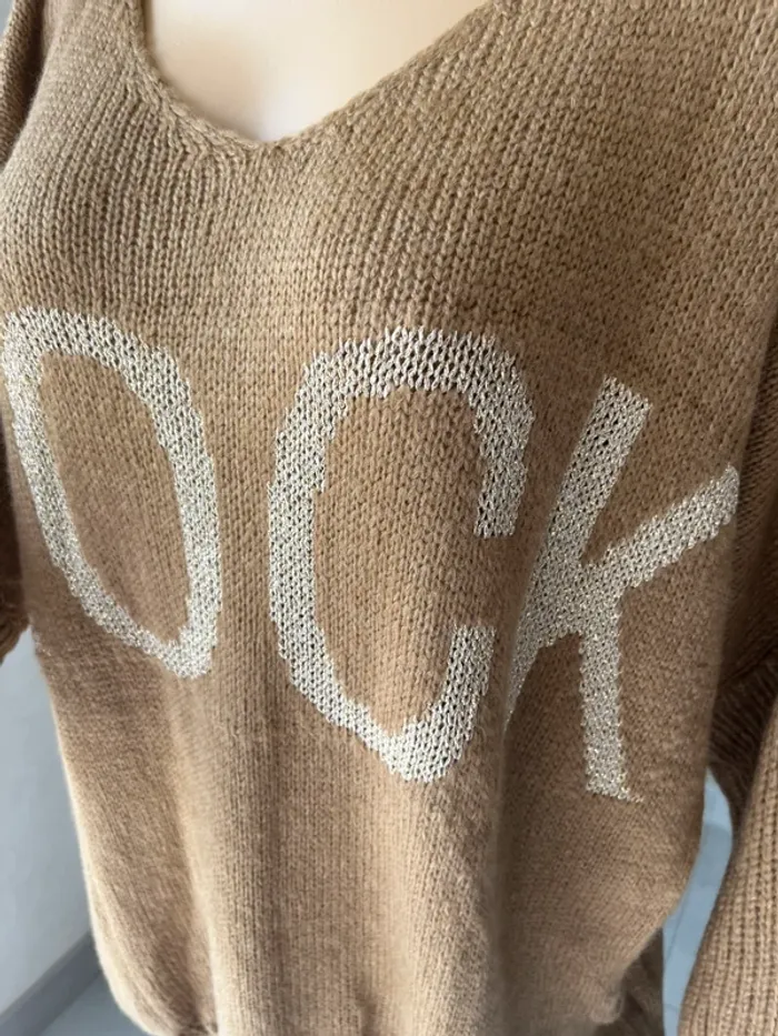 Pull grande taille camel et doré rock avec laine - photo numéro 3