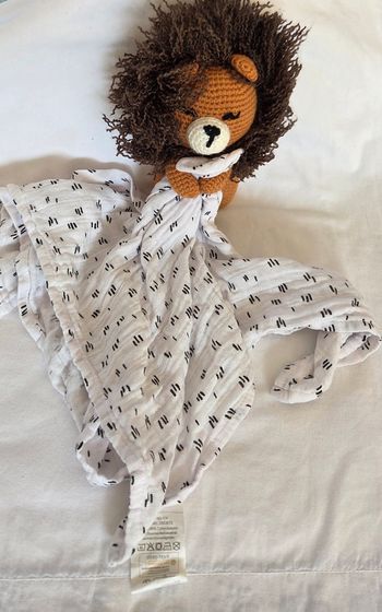 Doudou peluche Lion tricot avec mouchoir lange - Okeo-Tex