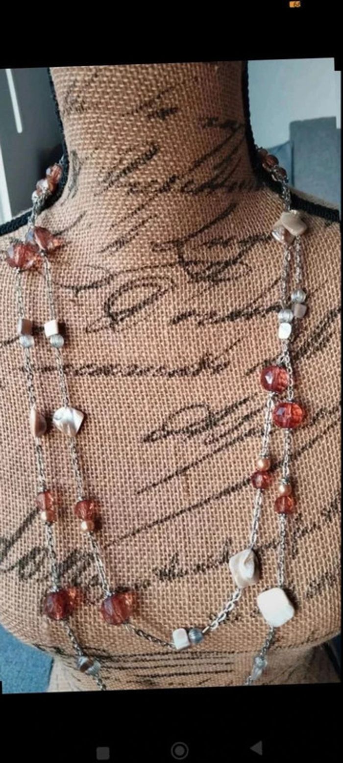 Sautoir  collier argenté  marron beige - photo numéro 2