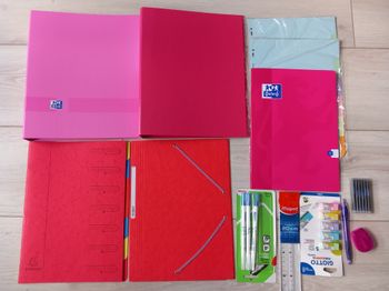 Lot de fournitures scolaires neuves filles (classeurs, intercalaires, cahier ...)