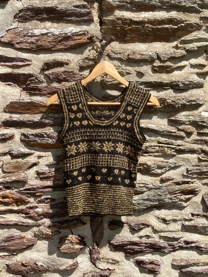 📌 Débardeur vintage fait main noir & doré – pièce unique - photo numéro 2