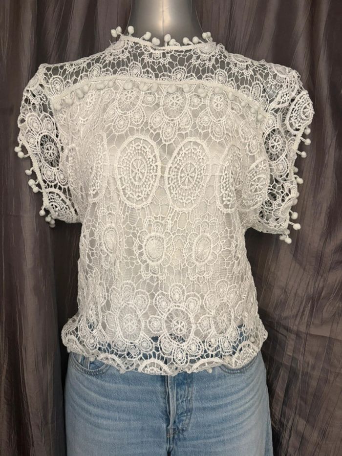 Blouse bohème blanche dentelle/crochet et pompons 36/38 - photo numéro 2