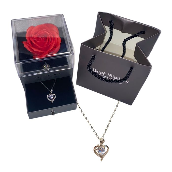 💝 Coffret Cadeau Rose Éternelle & Collier Cœur avec rose couleur argent 💝