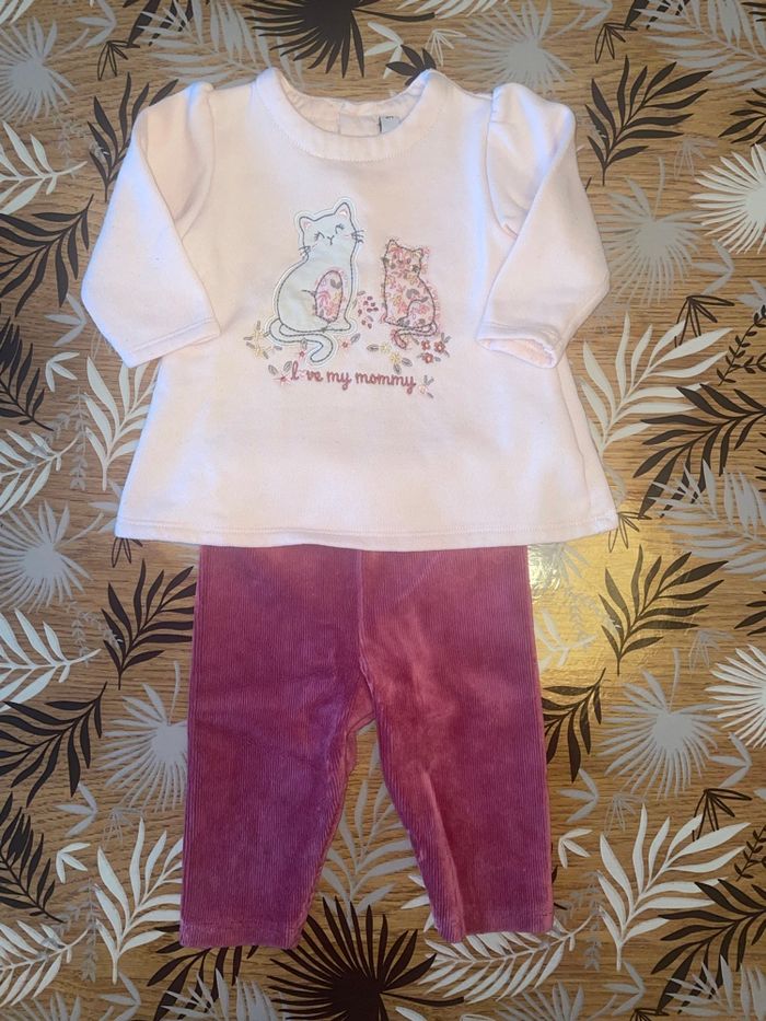 Ensemble 2 pièces pull + legging côtelé rose à motif chat bb 3 mois