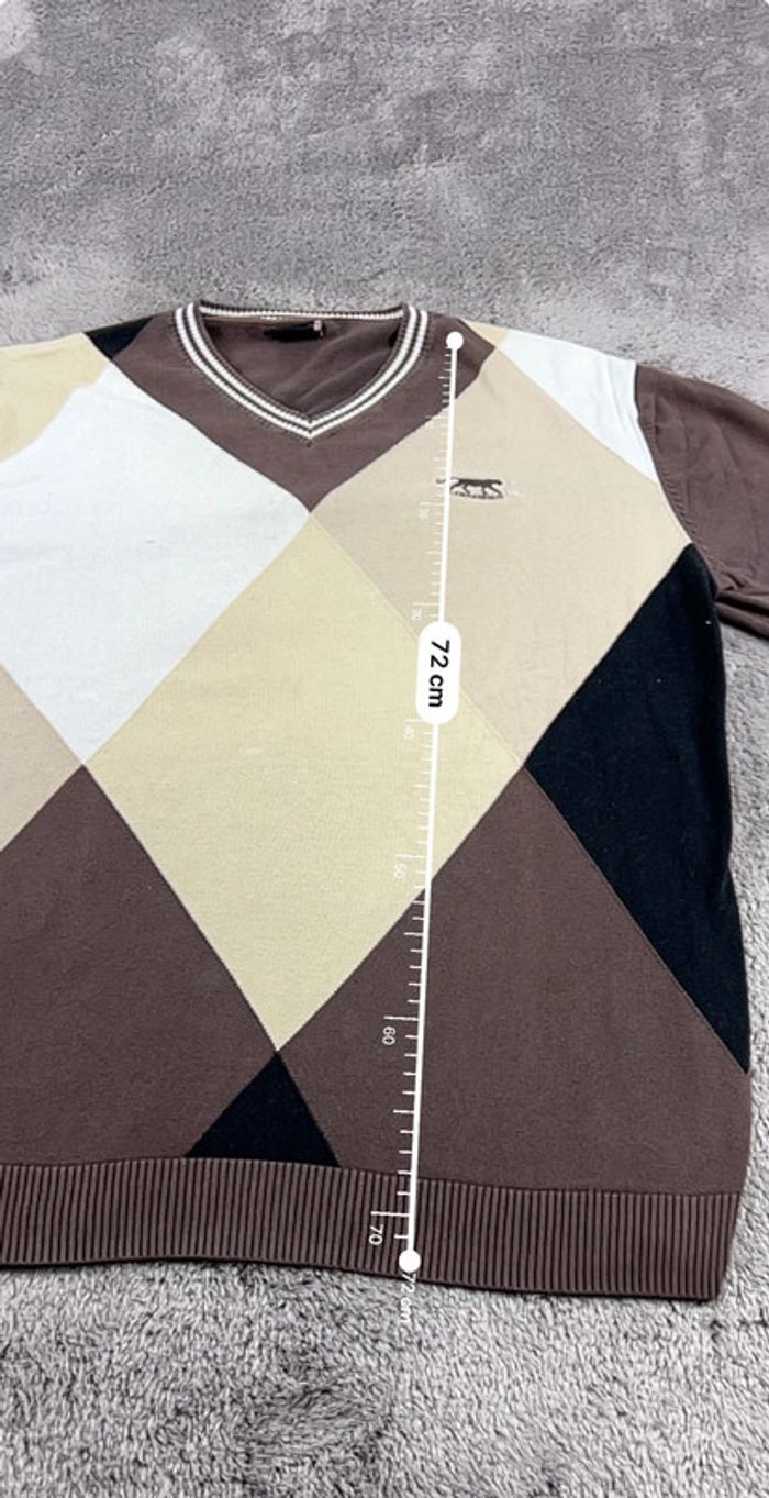 Pull Sweat col V Vintage Airness Marron Beige à Losanges 100% Coton Taille XL - photo numéro 3