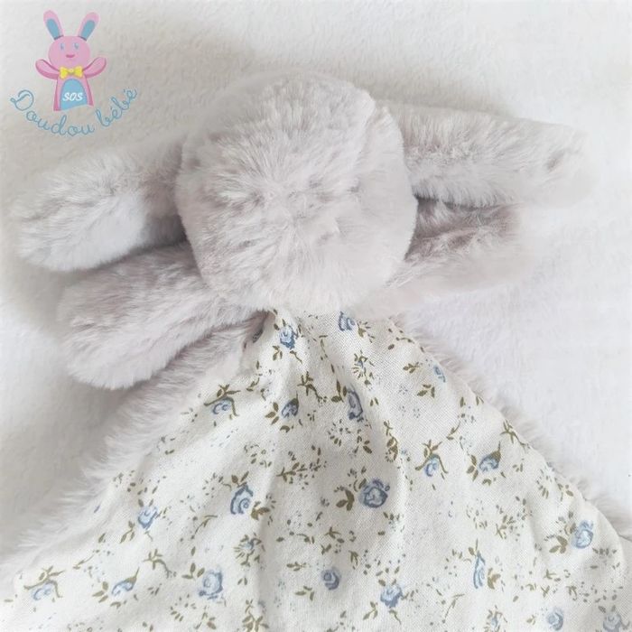 Doudou plat Lapin gris blanc fleurs roses bleu Bouchara - photo numéro 2