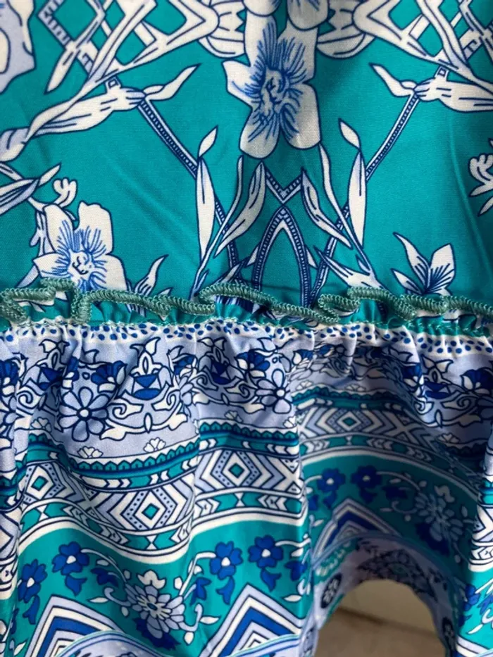 Superbe ensemble vintage jupe patineuse top crop réglable bleu turquoise fleurs - photo numéro 7