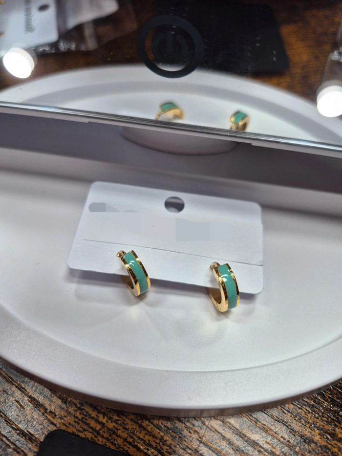 Boucle d'oreille ronde bleu vert doré - photo numéro 3