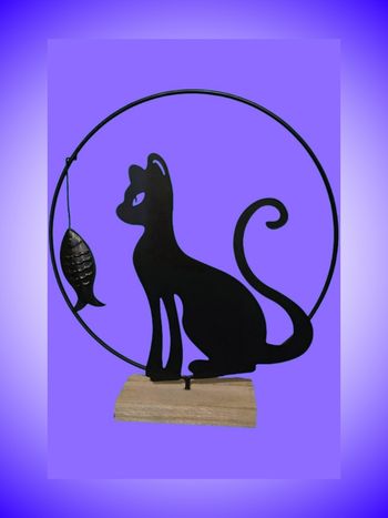 Objet Déco Chat Noir et Poisson – Silhouette Métal – Socle Bois – Style Moderne/Campagne – Très Bon État