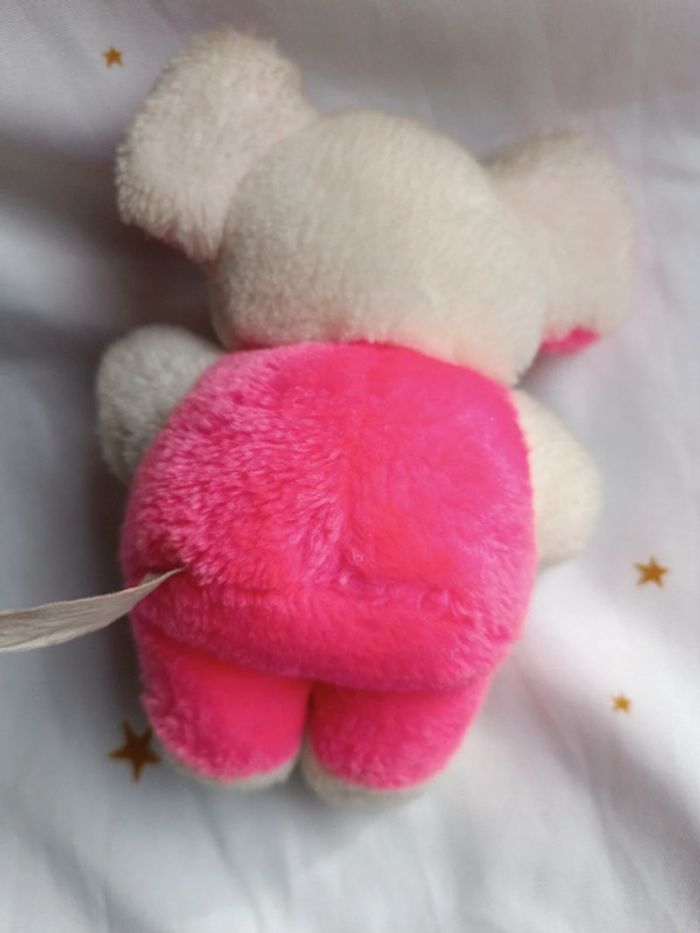 Petite petit small peluche plush Teddy éléphant rose fluo pink bouclette boulgom easy vintage blanc - photo numéro 9