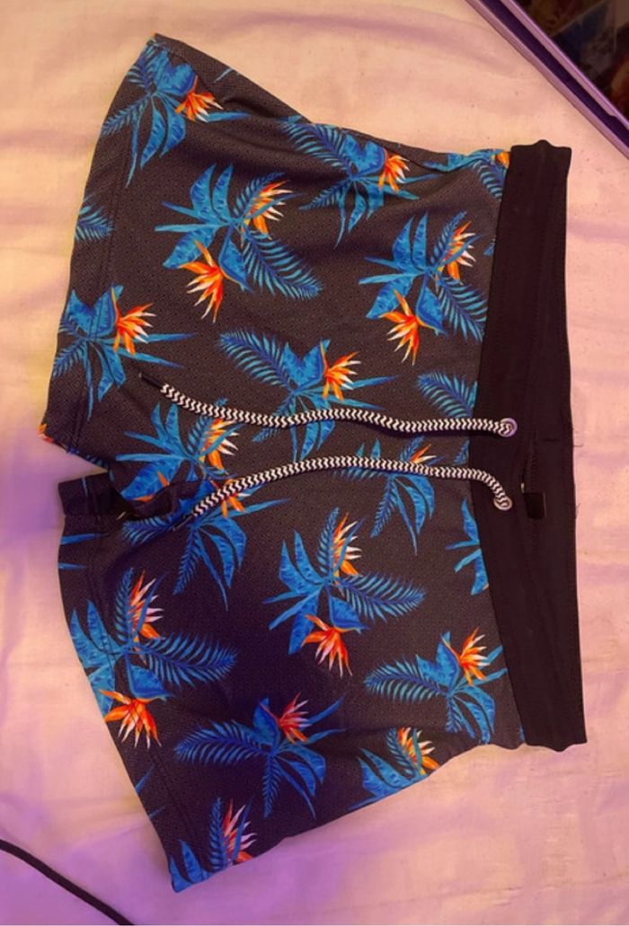 Maillot de bain à lacets homme noir avec des palmiers bleu et orange sun project beachwear
