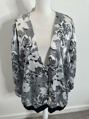 Blouse oversize satinée blanche noire argentée à fleurs Vintage T44 XXL