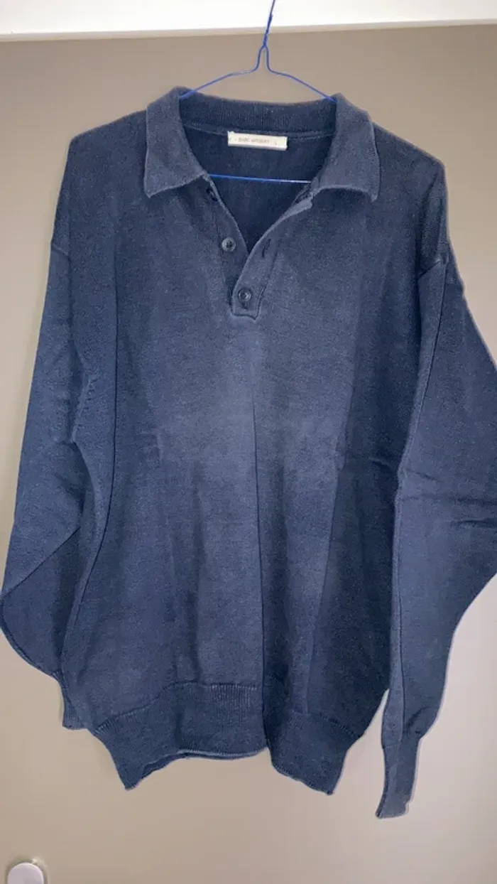 Pull homme bleu marine col boutonné taille L coton