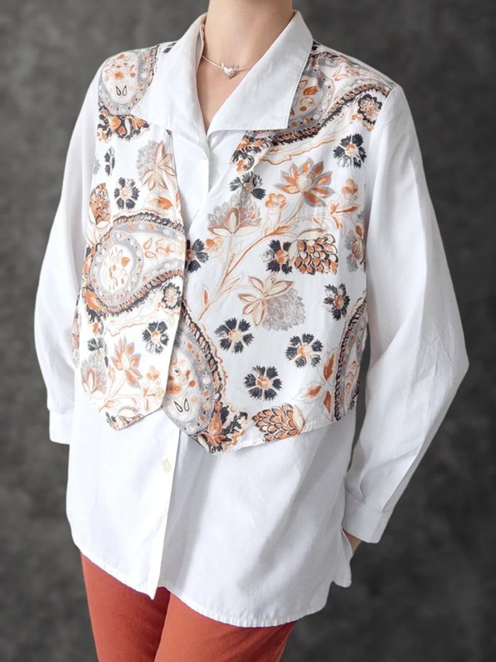Chemise blanc veston gris orange fleur Paisley 2 en 1 Vintage / C&A New Fast - 38/M à 40L - photo numéro 6