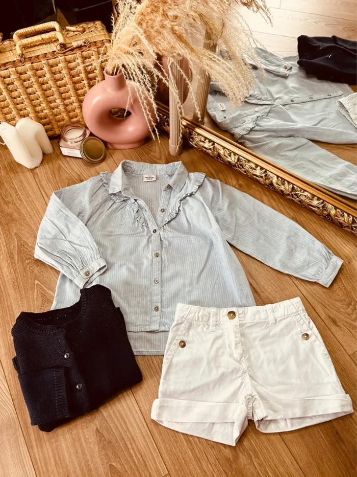 Taille 4 ans tenue 3 pièces fille multimarques blanc bleu clair et marine * rayures * 🩷