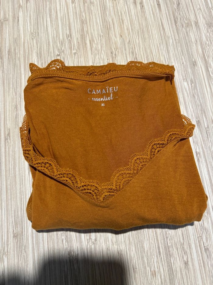 Haut teeshirt manches longues camaïeu xl 42 col V dentelle jaune moutarde camel - photo numéro 6