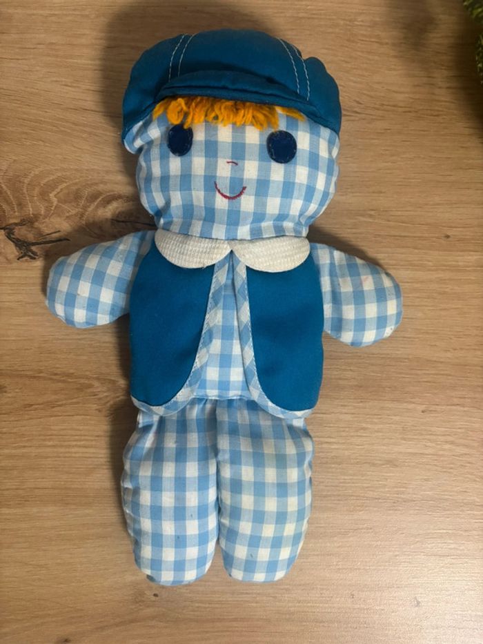 Vintage ancienne poupée chiffon bleu carreaux cholly Dolly Fisher Price 1977 - photo numéro 2
