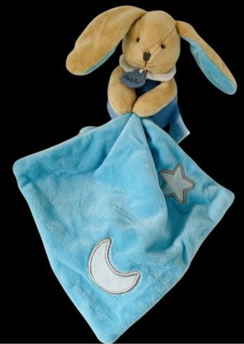 ❤️B3922 Doudou BABY NAT Babynat Lapin Plat Mouchoir Bleu Turquoise Lune Étoile