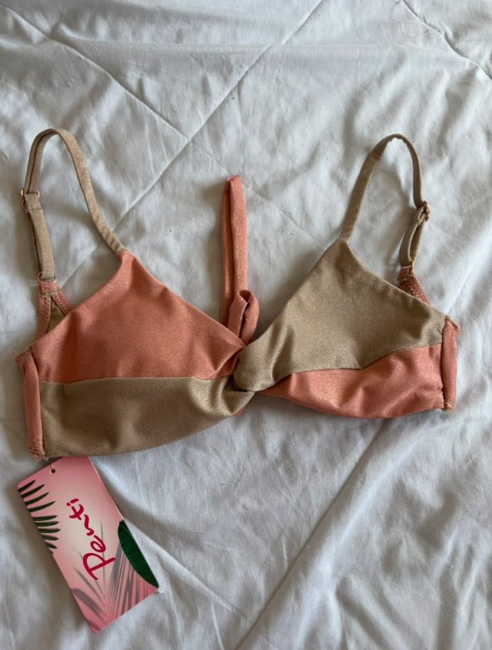 Haut de maillot de bain Penti rose saumon gris marron pailleté brillante taille XS/34 neuf