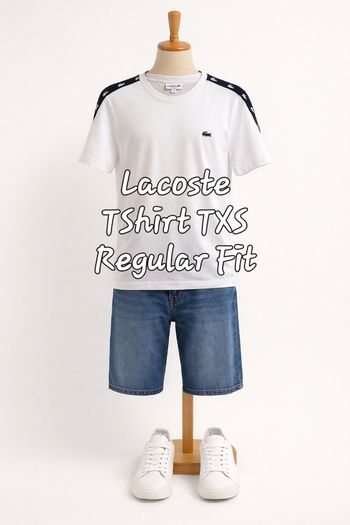 Lacoste T-Shirt TXS-Blanc avec Bande Siglée Marine aux Epaules-Regular Fit en BE