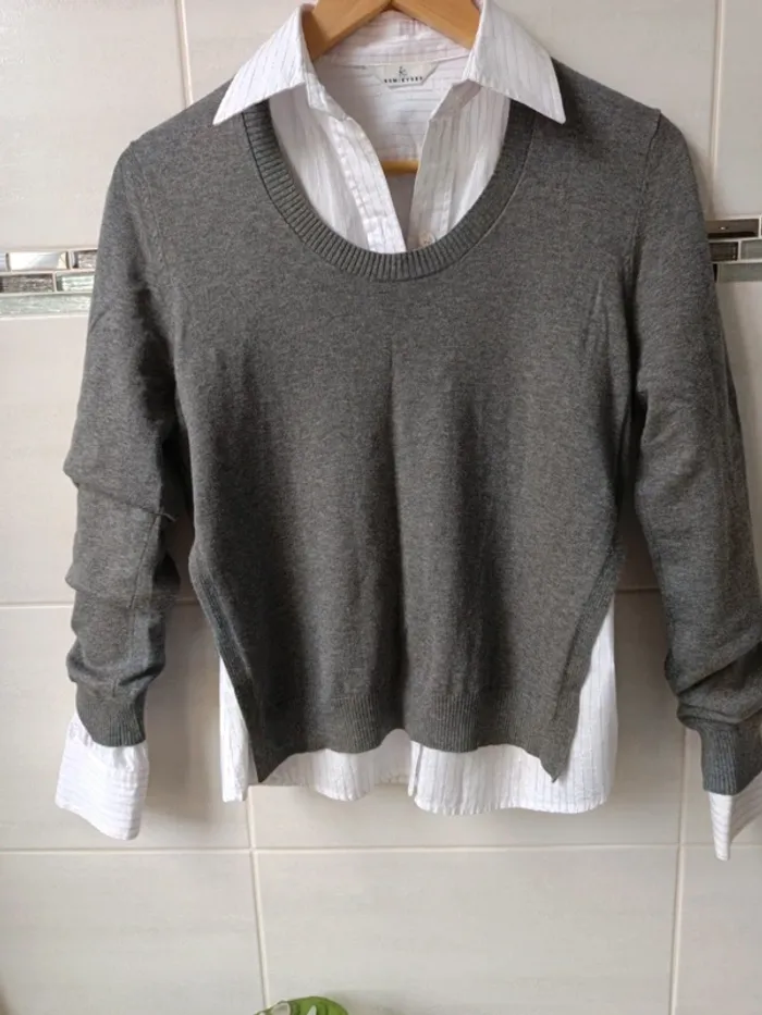 Pull fin gris viscose/coton, t.S