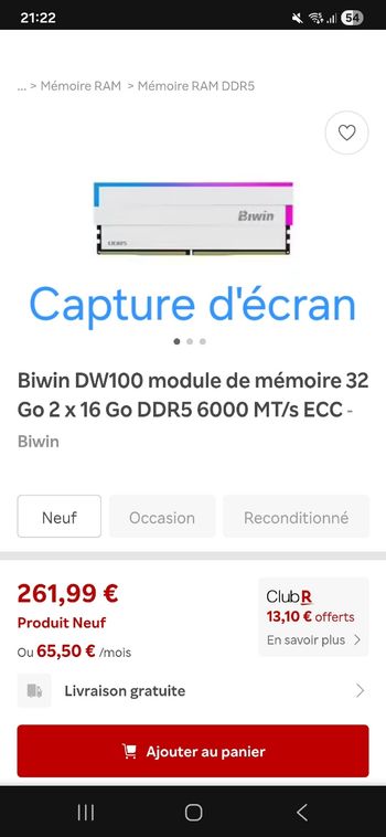 RAM ×4 DDR5 6000 MHz 32 Go 2 x 16 Go CL30 Blanc Blister Urgent Négociable