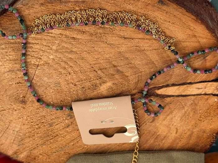 Collier réglable perles naturelles jade vert rose améthyste chaînes acier inoxydable or habaha Paris - photo numéro 7