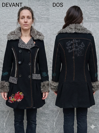 Manteau noir avec col fourrure amovible et bouton de rechange  Taille 40 Desigual